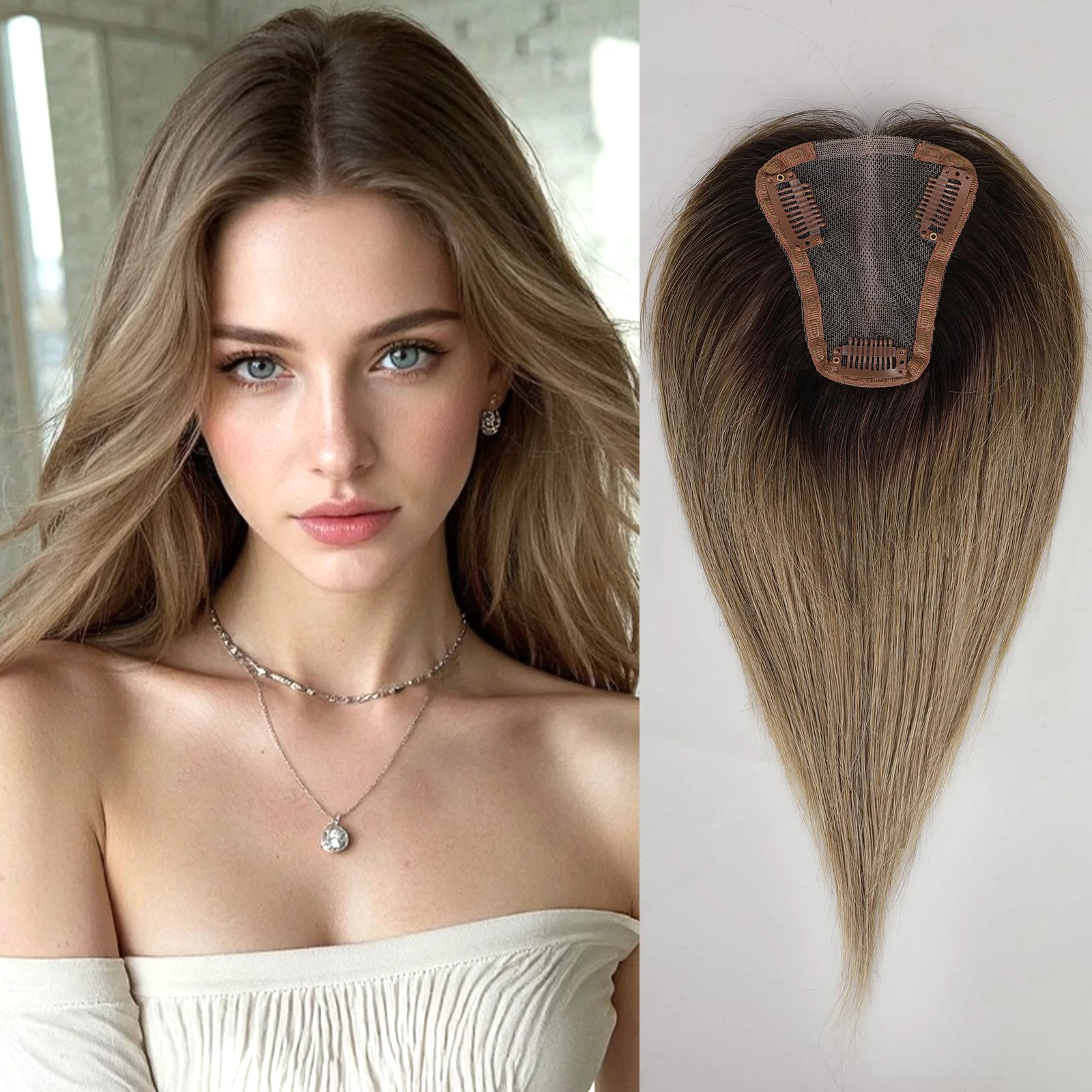 Hair Toppers Brown Ombre 100% Remy Human Hair Middle Part Topper HairPieces for Women 150% Density Silk Base 3Clip in Toppers