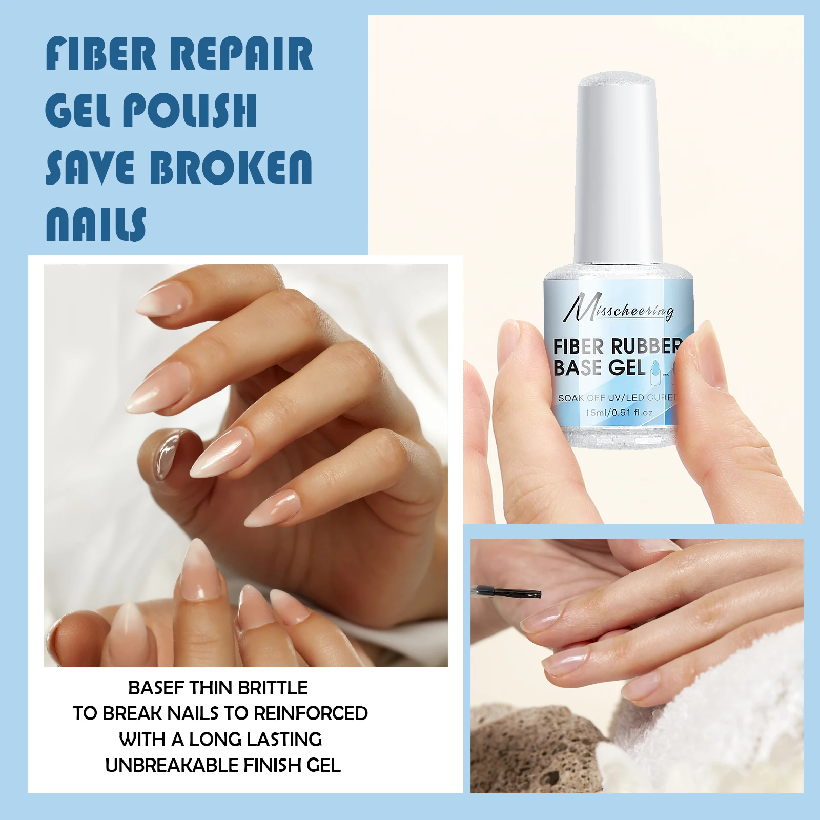 15mlファイバーラバーベースジェル - 速乾UV/LED対応クリアコンストラクションジェル（ネイルチップ補修用、ソークオフニス付き）