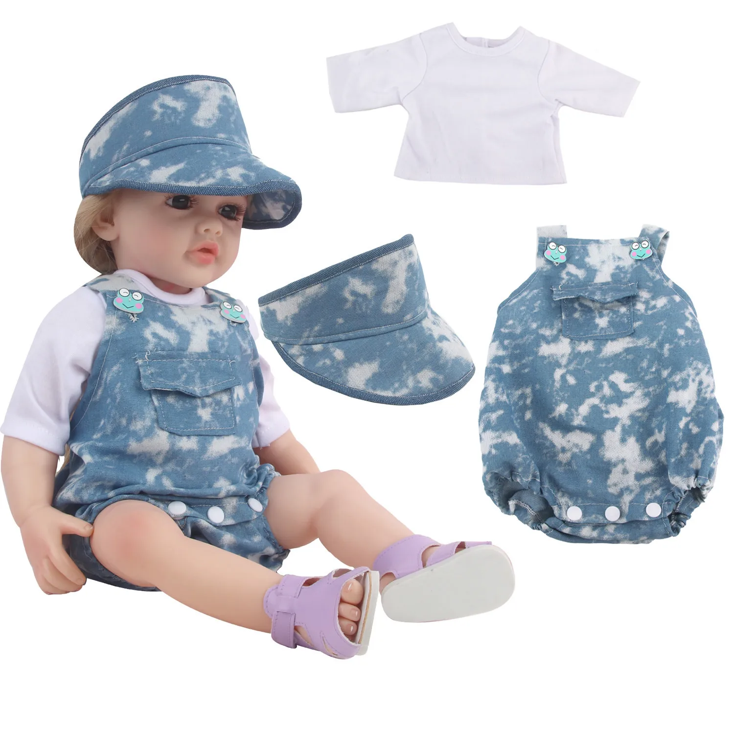 Conjunto de ropa para muñecas de 55CM, camiseta, Mono vaquero, sombrero, 22 pulgadas, traje de verano para muñecas, juguete DIY