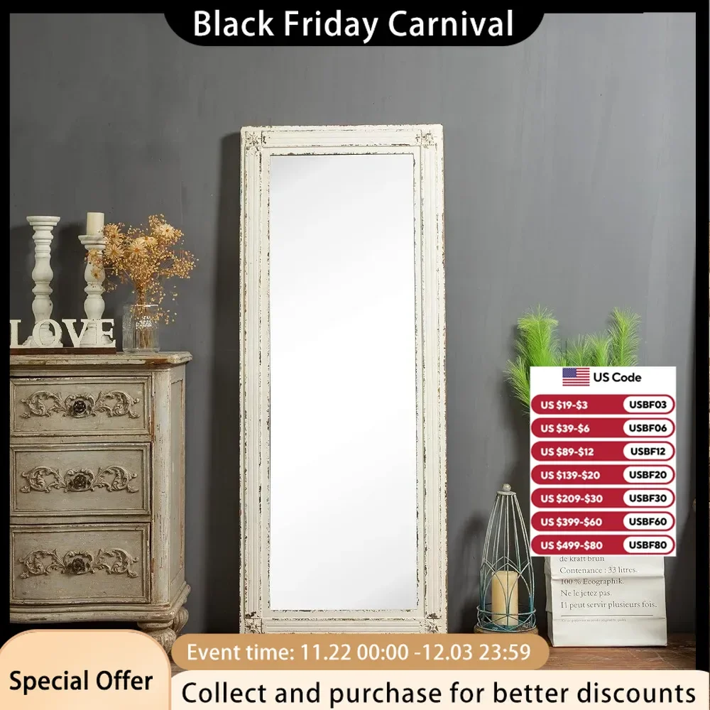 Hanging White Farmhouse Big Mirror Full Body for Bedroom, Leaning Wood Frame Floor Mirror Full LengthLi  Boutique Bath Mirrors