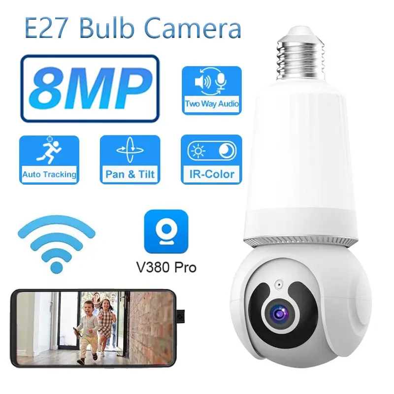 

8MP 4K E27 Bulb WIFI Camera Auto Tracking Two-Way Audio Spotlight Night Vision 360 Degree Panoramic Wireless Security IP Camera