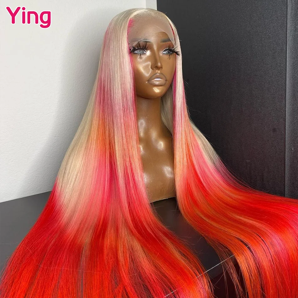 Ying Omber Hot Red 613 Bone Straight 13x6 Human Hair Blonde Lace Frontal Wig 180% Brazilian Remy 13X4 Transparent Lace Front Wig