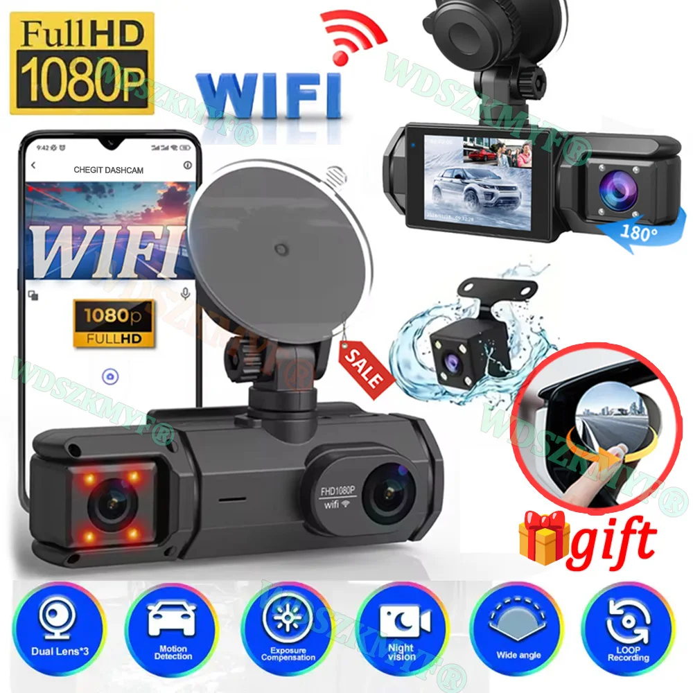 2/3 Channel WIFI&APP Car Dvr 1080P Dash Cam for Cars Camera Recorder Front inside / Rear View Camera for Vehicle With Gift