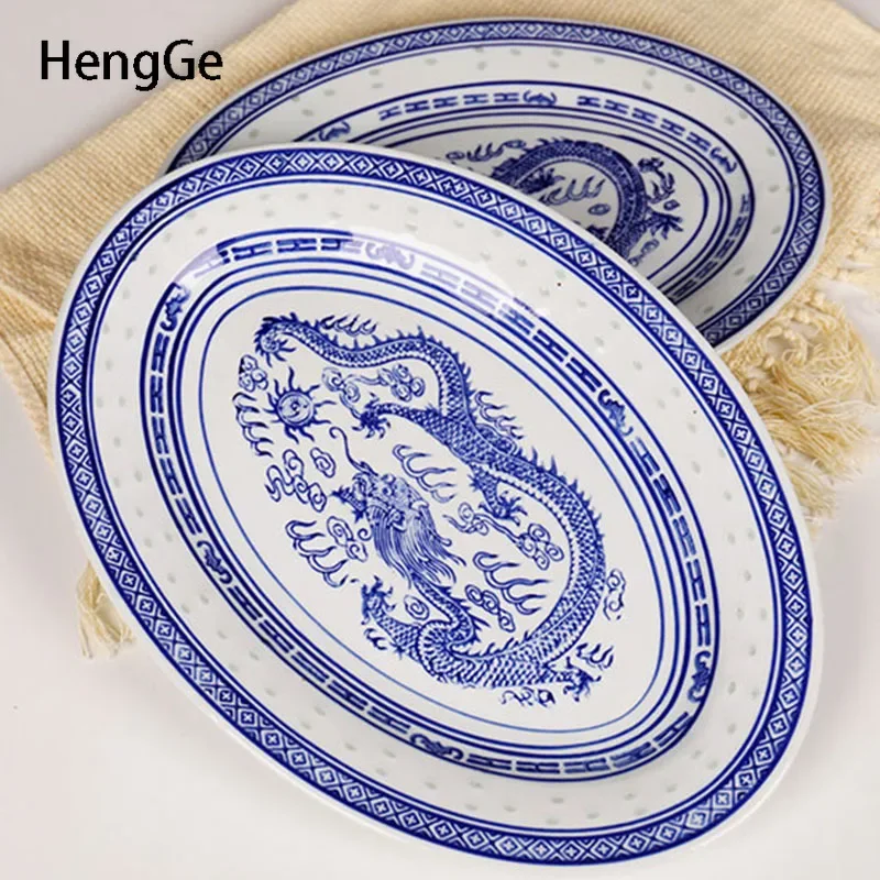 Retro Chinese Ceramic Plate Rectangular Steamed Fish Plate Blue and White Porcelain Salad Steak Flat Plates Household Tableware