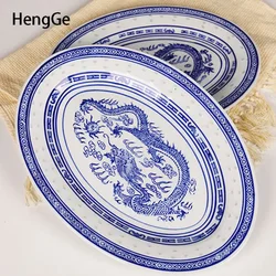 Retro Chinese Ceramic Plate Rectangular Steamed Fish Plate Blue and White Porcelain Salad Steak Flat Plates Household Tableware