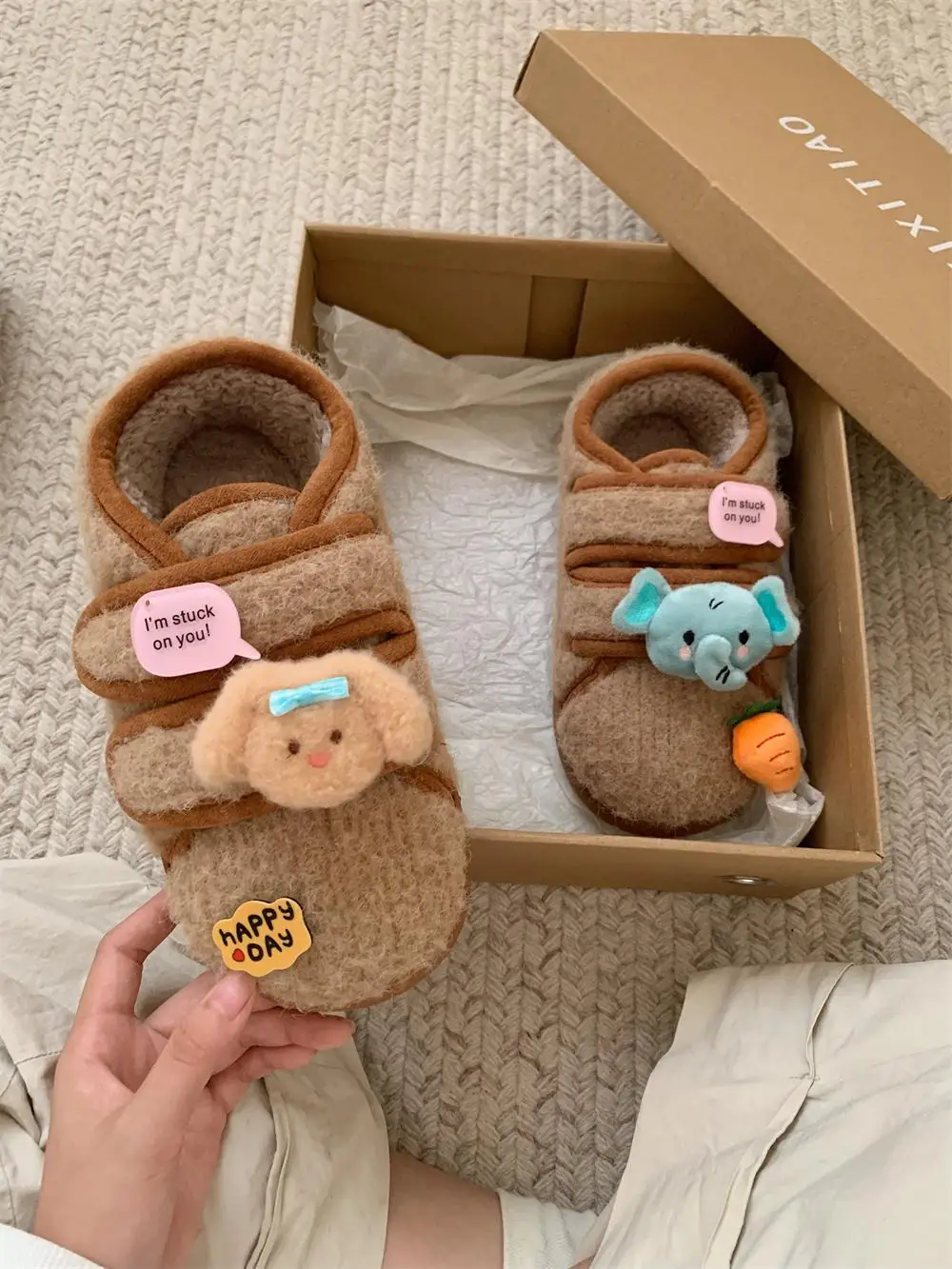 Cute Little Elephant Plush Slippers Creative Letter Board Bean Bean Shoes Women Winter Outdoor Wear Casual Cotton Shoes
