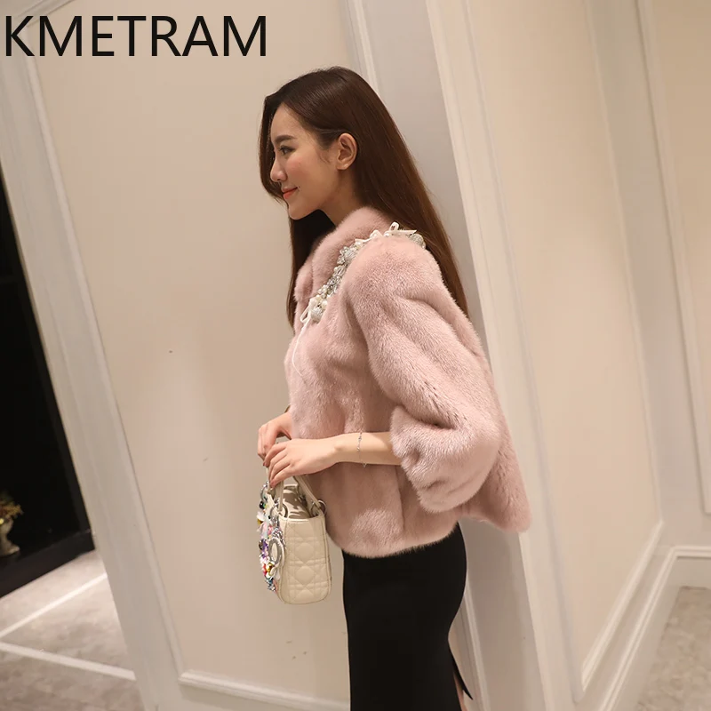 KMETRAM 100% فرو المنك الوقوف طوق معطف الفرو الحقيقي موضة قصيرة الوردي معاطف للمرأة 2025 شتاء جديد في السترات fourrures فام