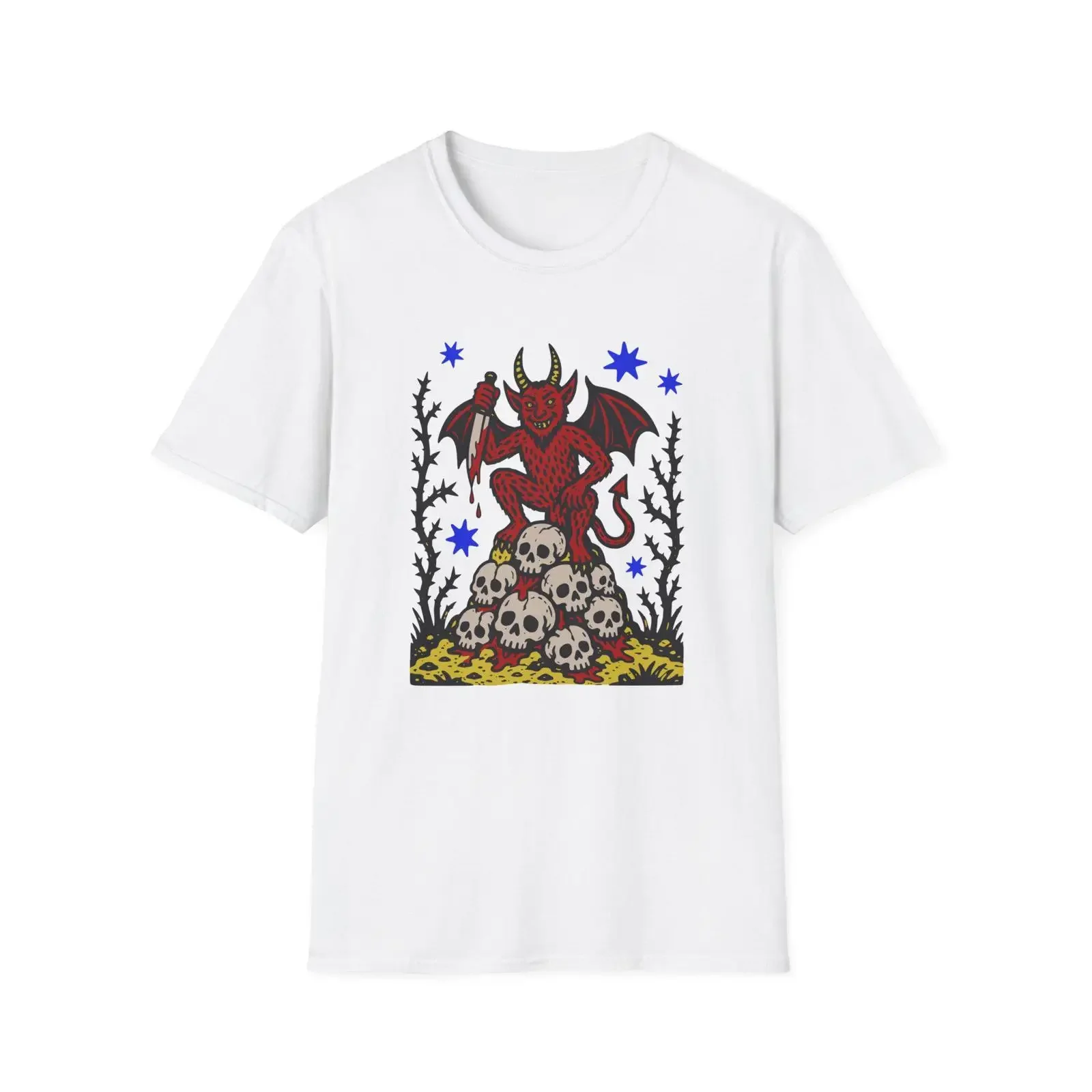 Red Devil on Skull Pile T Shirt Occult Demon Linocut vintage Washed Slightly Stylish fashion Comfortable Versatile