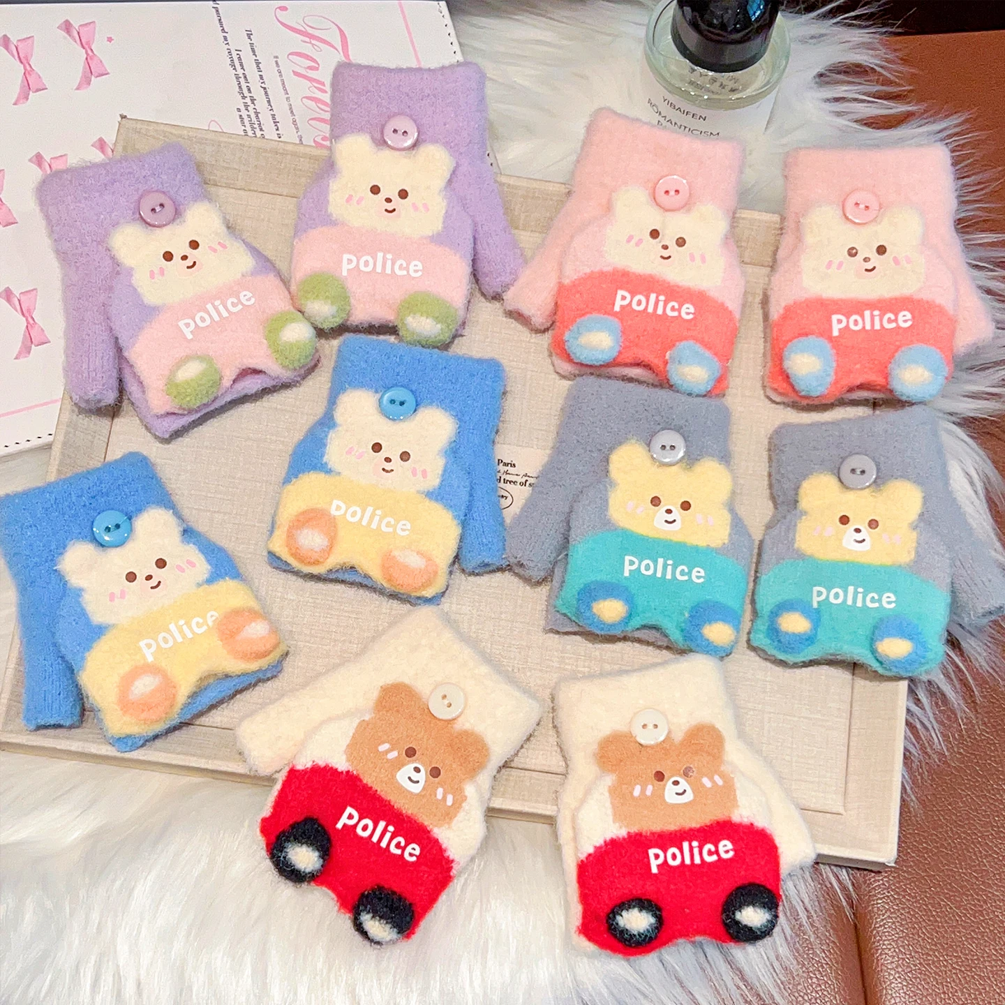 Korean Fashion 0-3Y Toddler Cartoon Cat Flip Half Finger Gloves Winter Warm Plush Convertible Mittens Baby Kids Thermal Gloves