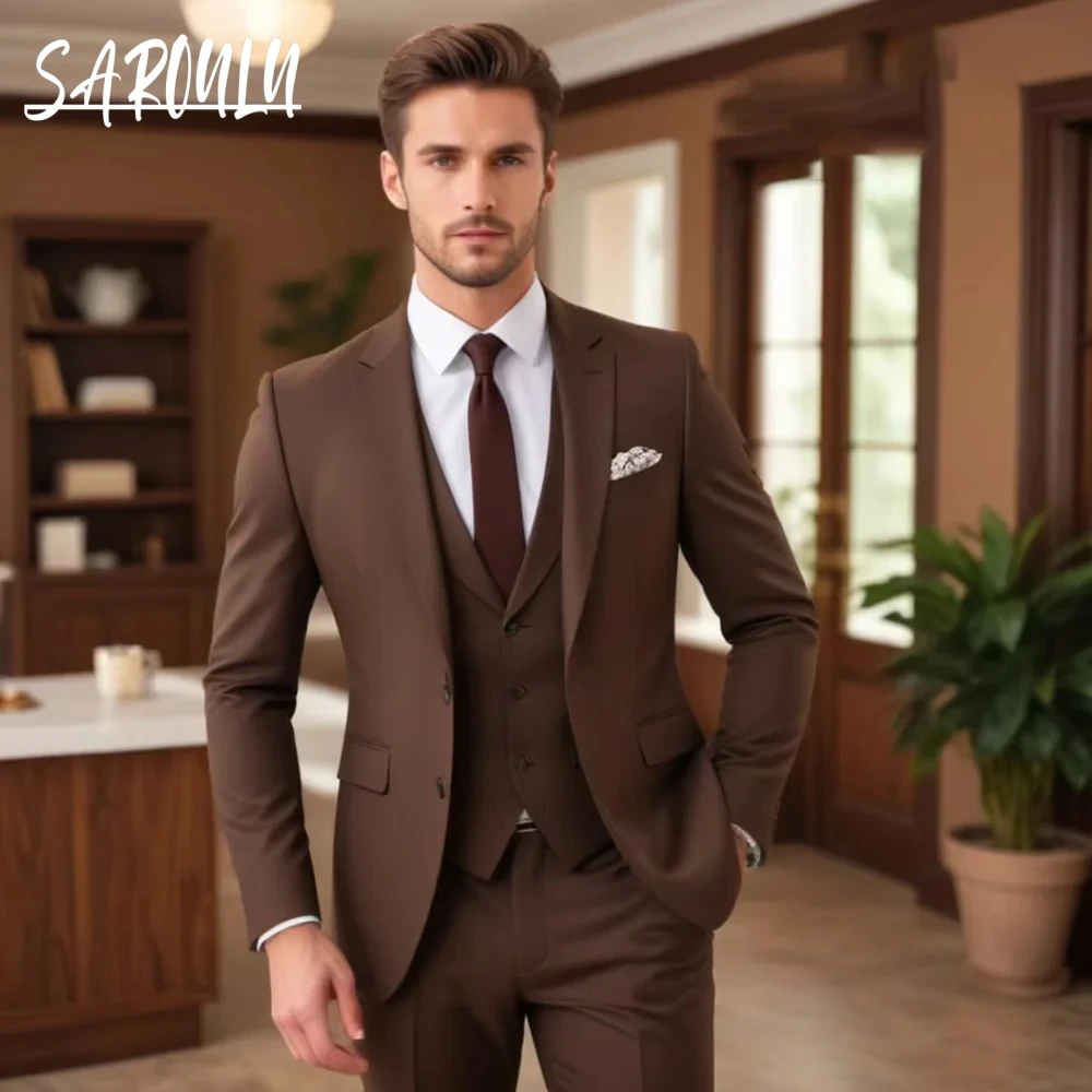 

Smooth Dark Brown Suits For Men Fashion Single Breasted Solid 3-pieces Set Business Casual Formal Wedding Party Tuxedo