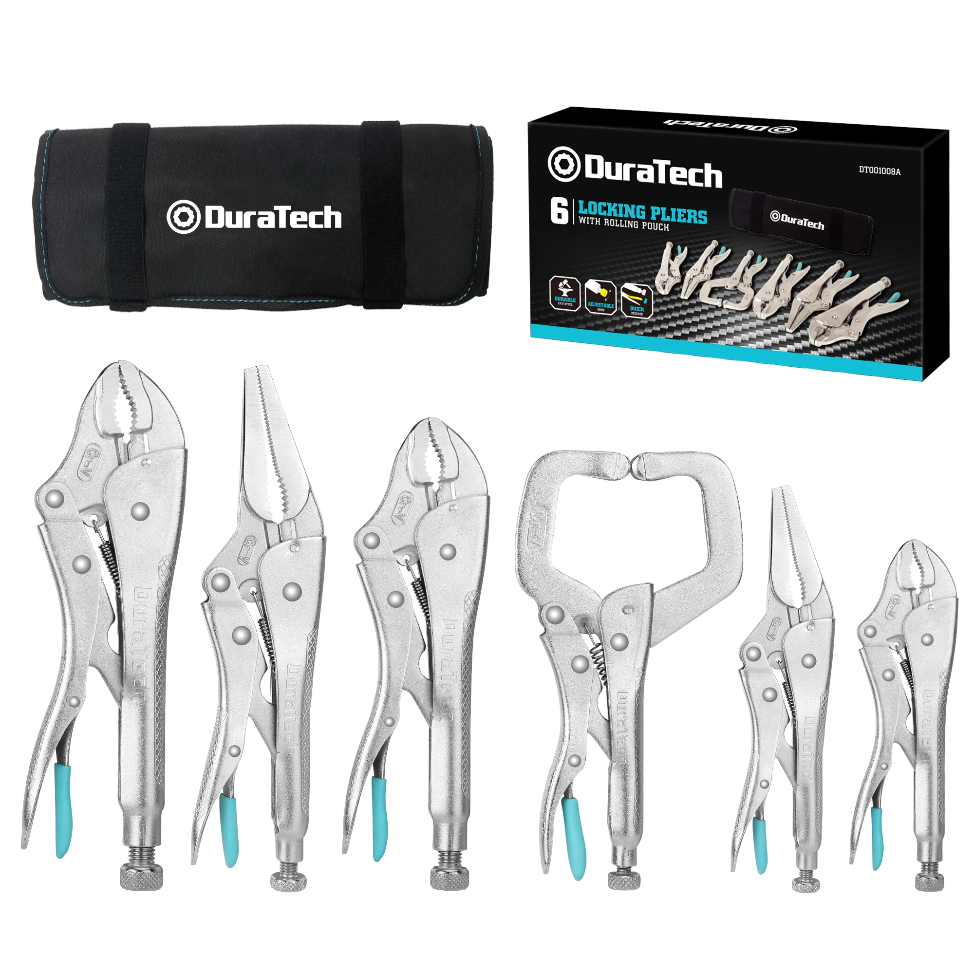 

Duratech 6PC CR-V Locking Pliers Set, Long Nose Locking Pliers, Curved Jaw Locking Pliers, C-clamp Locking Pliers With Pouch