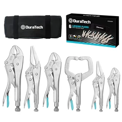 Duratech 6PC CR-V Locking Pliers Set, Long Nose Locking Pliers, Curved Jaw Locking Pliers, C-clamp Locking Pliers With Pouch