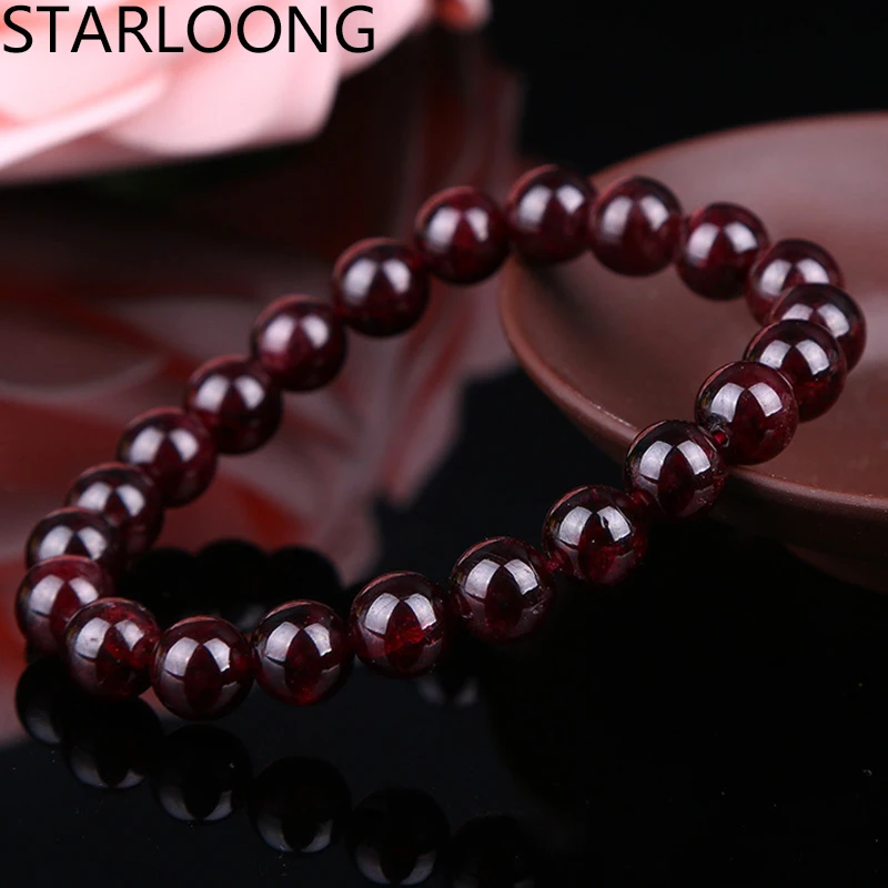 RUILONG Fashion Natural Garnet Stone Bracelet 6/8/10MM Round Beads Jewelry Sweet Color Charm Bracelet Wristband Gift