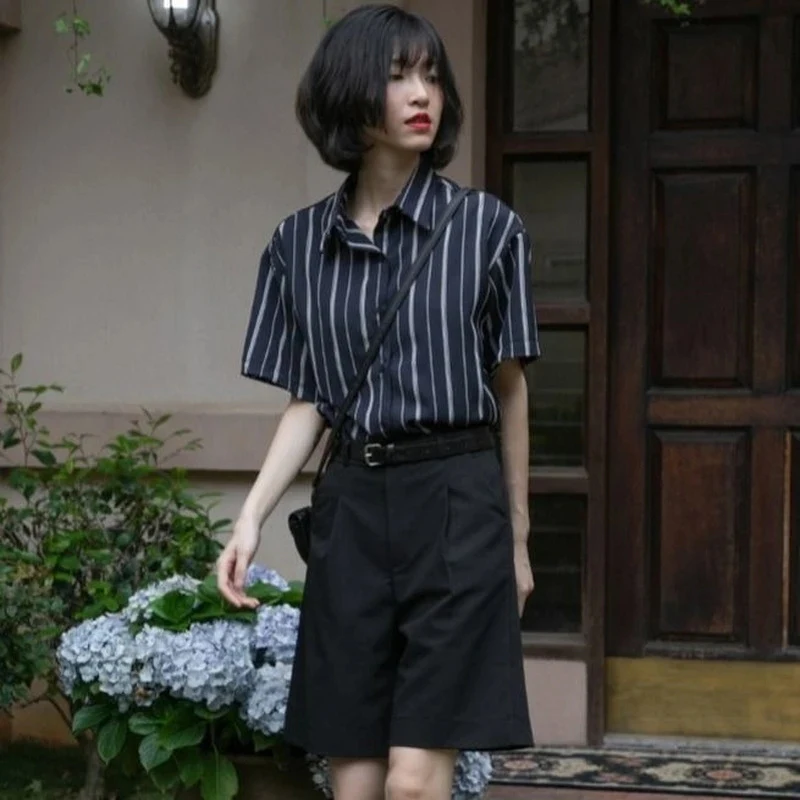 MEXZT Vintage Striped Blouses Women Summer Harajuku Short Sleeve Loose Shirts Office Lady Retro Elegant All Match Thin Coat Tops