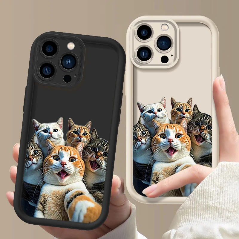 Selfie Cats Silicone Funny Phone Case for iPhone 11 12 13 14 15ProMax XS X XR 7 8 15 6 Plus SE 2020 Camera Lens Protection Cover