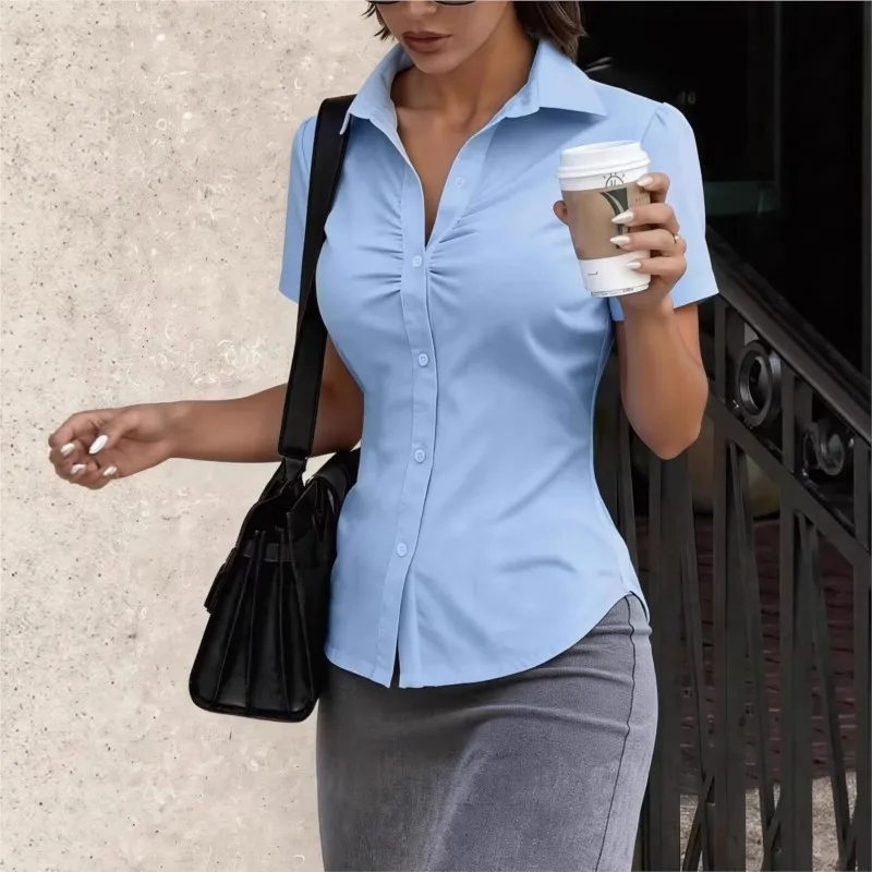 

Однотонная приталенная офисная рубашка для женщин, летняя модная белая блузка с коротким рукавом на пуговицах, простая женская блузка-кардиган