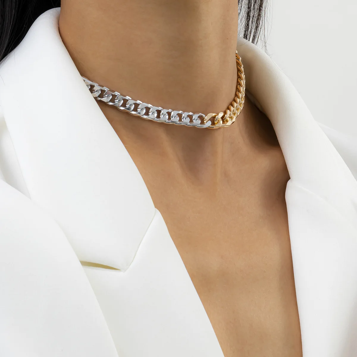 Minimalist Two Tone Large Curb Link Chain Necklace for Women Half and Half Silver Gold Color Cuban Style Thick Chain Choker