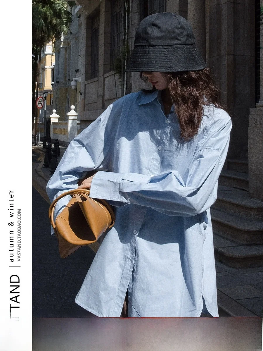 

Long Sve Свободный женский топ irt Blue для поездок на работу Корейский хлопковый топ на пуговицах Повседневный осенний топ High End Feeling