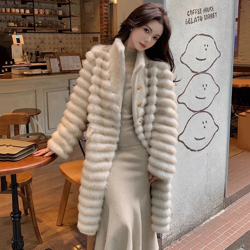 Mode namaakbont jas voor dames jas met lange mouwen dikke warme vrouwelijke bovenkleding chique tops vrouw winterjassen faux nertsen bontjas