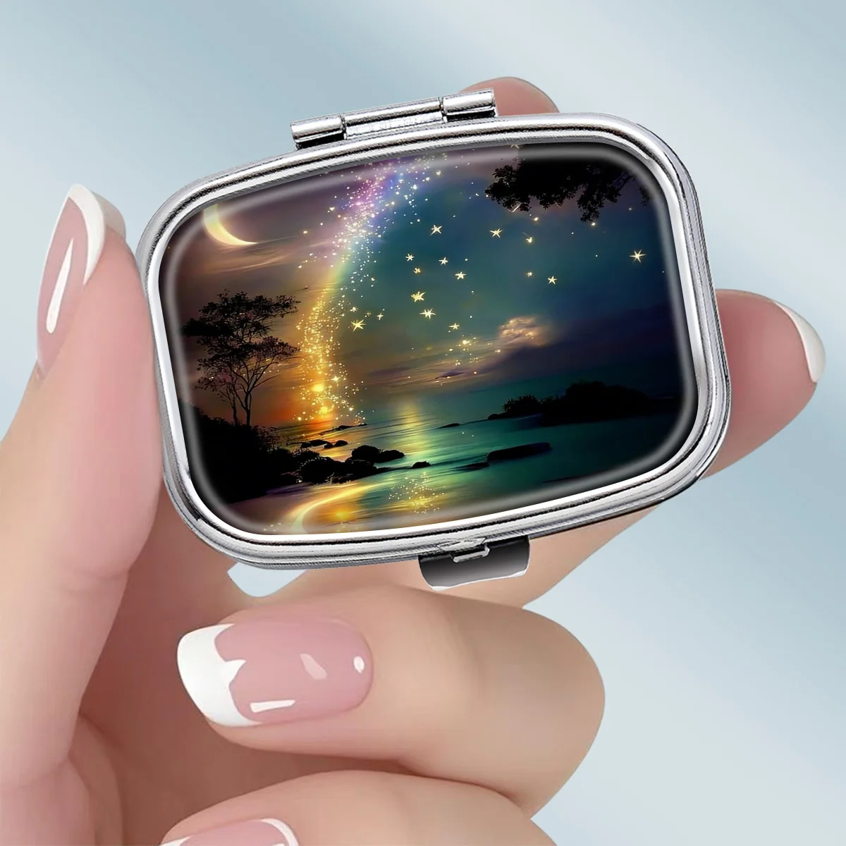 1PC Starry Coast's Colorful Night Scene Pattern Square 2-Compartment Pill Box - Portable Medicine and Vitamin Storage Box, suitable for hand-carrying or travel use, unique small gift, wallet pill box