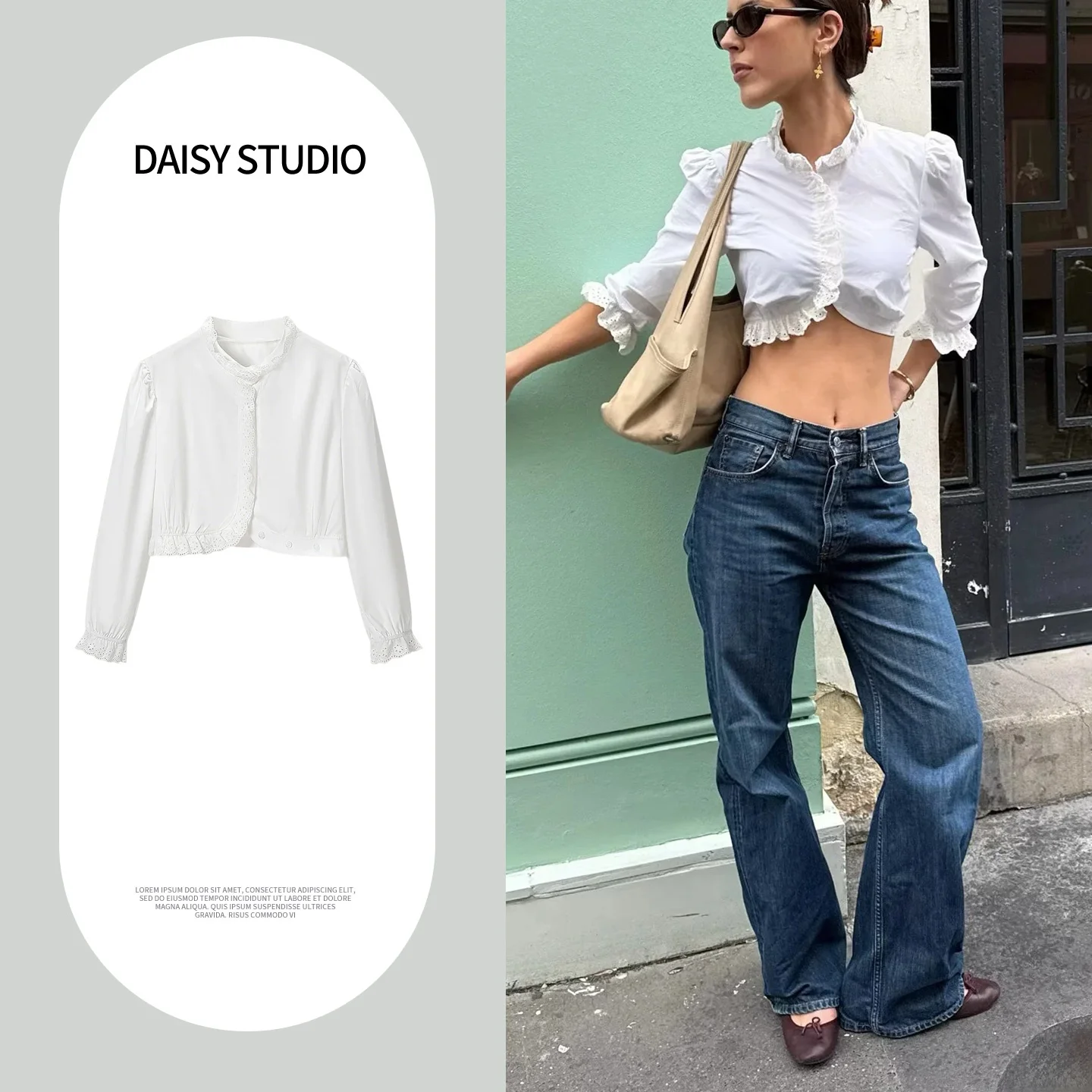 

Spring Summer New Women's Simple Stand Collar Long Sleeve Hollow out Embroidery Lace Patchwork Short Shirt Top