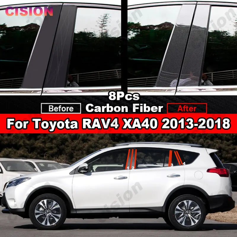 8x Mirror Effect Car Window Door Column B C Pillar Post Cover Trim for Toyota RAV4 XA40 2013-2018 Carbon Fiber Black PC Sticker