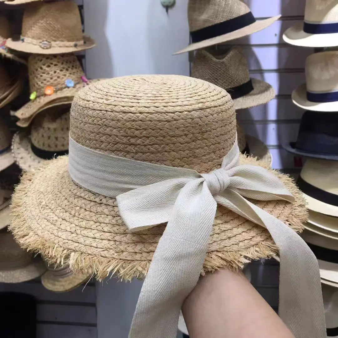 Mode handgemachte 100% natürliche Bast Dame Top große Krempe Strohhut Strand Mädchen Urlaub Panama Sonnencreme atmungsaktive Sonnenhut Großhandel – Detail 17