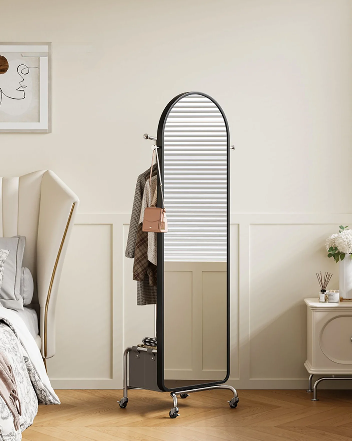 

Movable Dressing Mirror Full Body Clothes Rack Integrated Bedroom Cream Wind Rotating Floor Coat Rack
