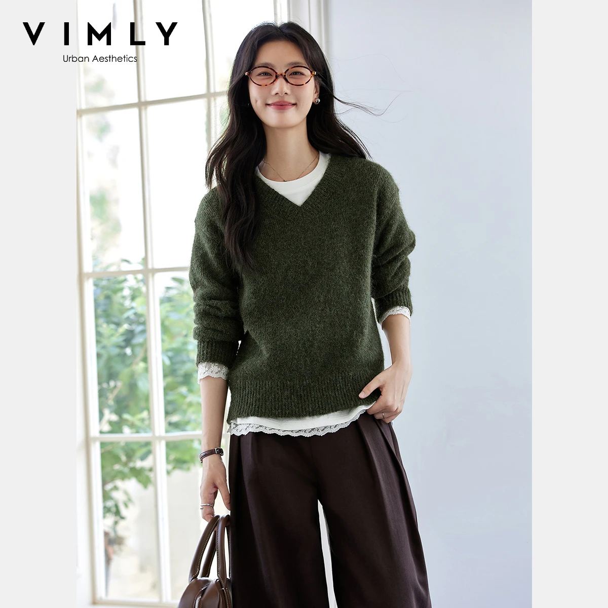 

VIMLY Green Knitted Pullovers Women 2025 Autumn Elegant V-neck Slim-fitting Wool Sweater Casual Loose Jumpers for Woman 75095