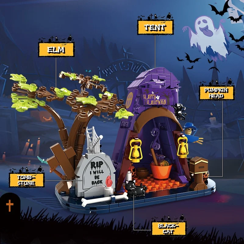 ชุดตัวต่อบ้านผีสิงฮาโลวีน ปี 2025 แบบจำลองพร้อมชุดประกอบบล็อก ตกแต่งหลังคาแบบเอียง ของเล่นตัวต่อสร้างสรรค์แบบประกอบเอง DIY ของขวัญสำหรับเด็ก