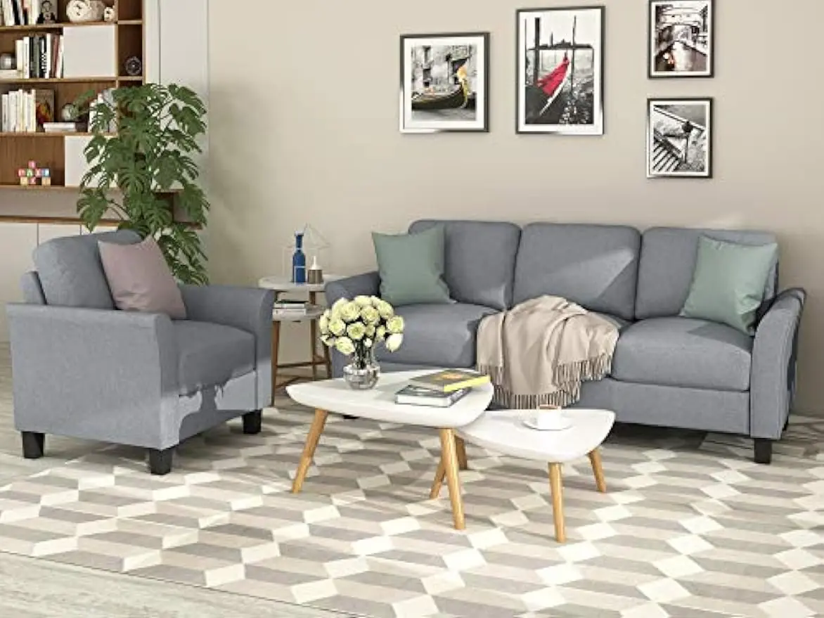 

Living Room Furniture, Modern Linen Fabric Upholstered Sofa Set with Thick Foam, 3-seat+Single, Gray