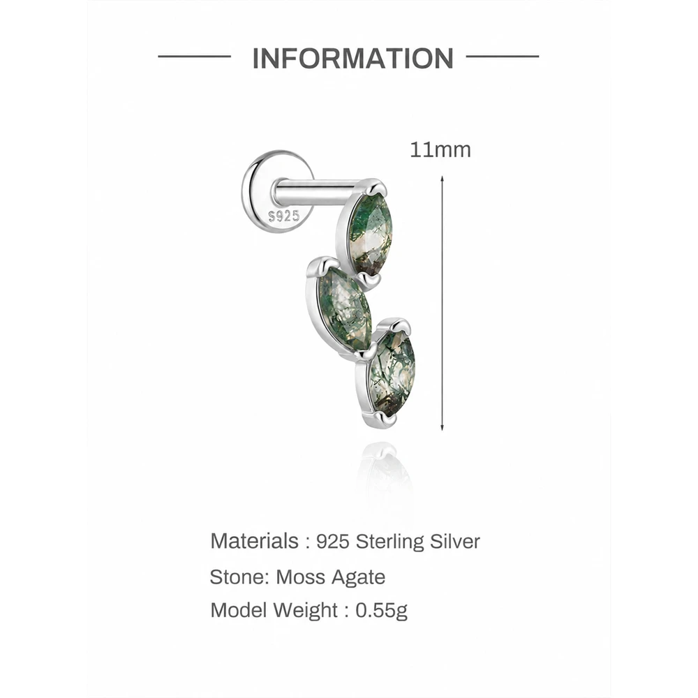 Aide Horse Eye Branch Natural Water Grass Agate 925 Sterling Silver Flat Head Thread Puncture Earring Green Moss Piercing Studs