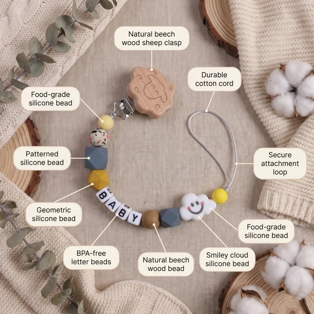 Custom Baby Name Dummy Chain Cute Cloud Silicone Teething Toy Wooden Sheep Clip BPA Free Newborn Chew Safe Gift - view 4