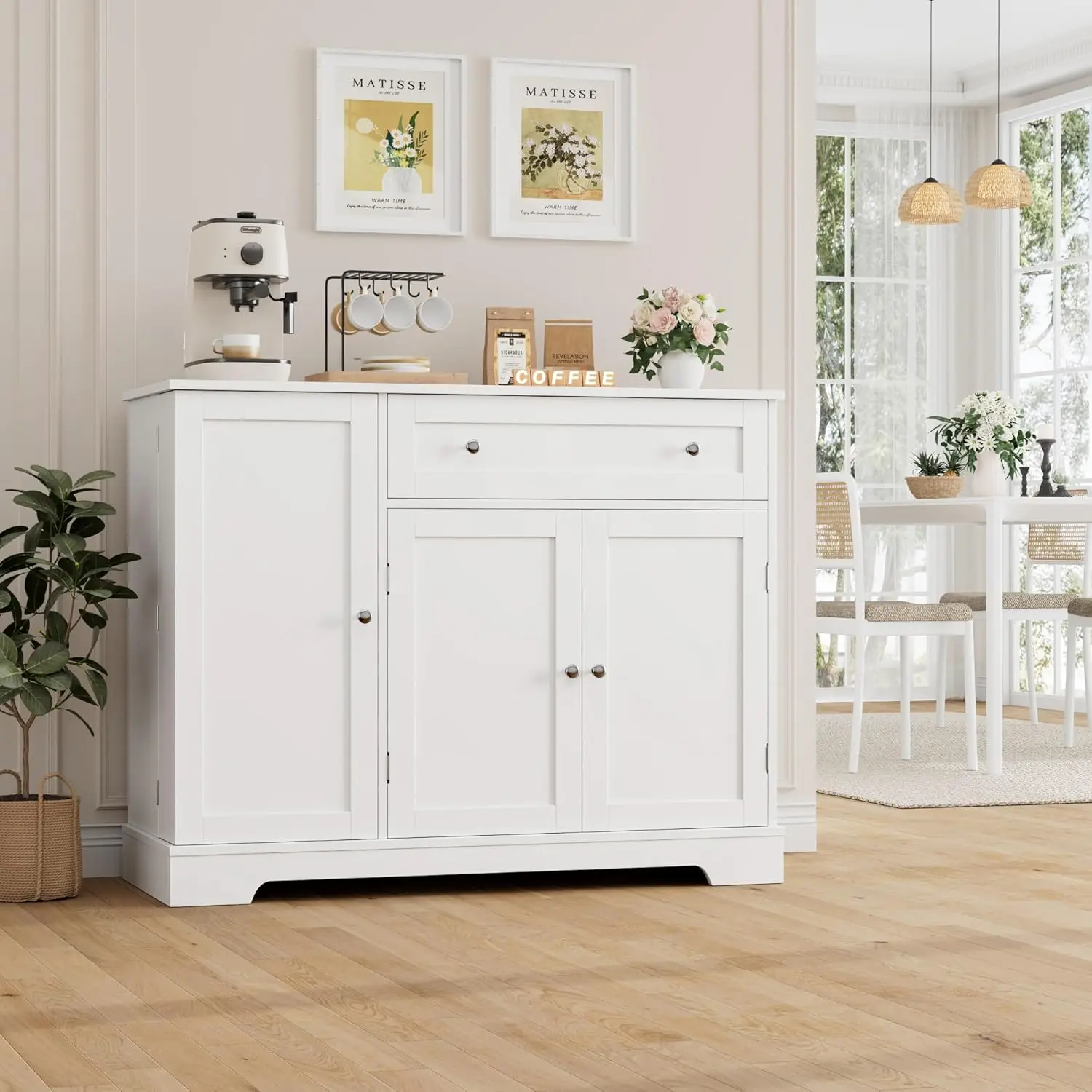문이 있는 현대적인 흰색 뷔페 캐비닛, 주방, 식당, 거실용 서랍 및 조절 가능한 선반이 있는 수납 사이드보드