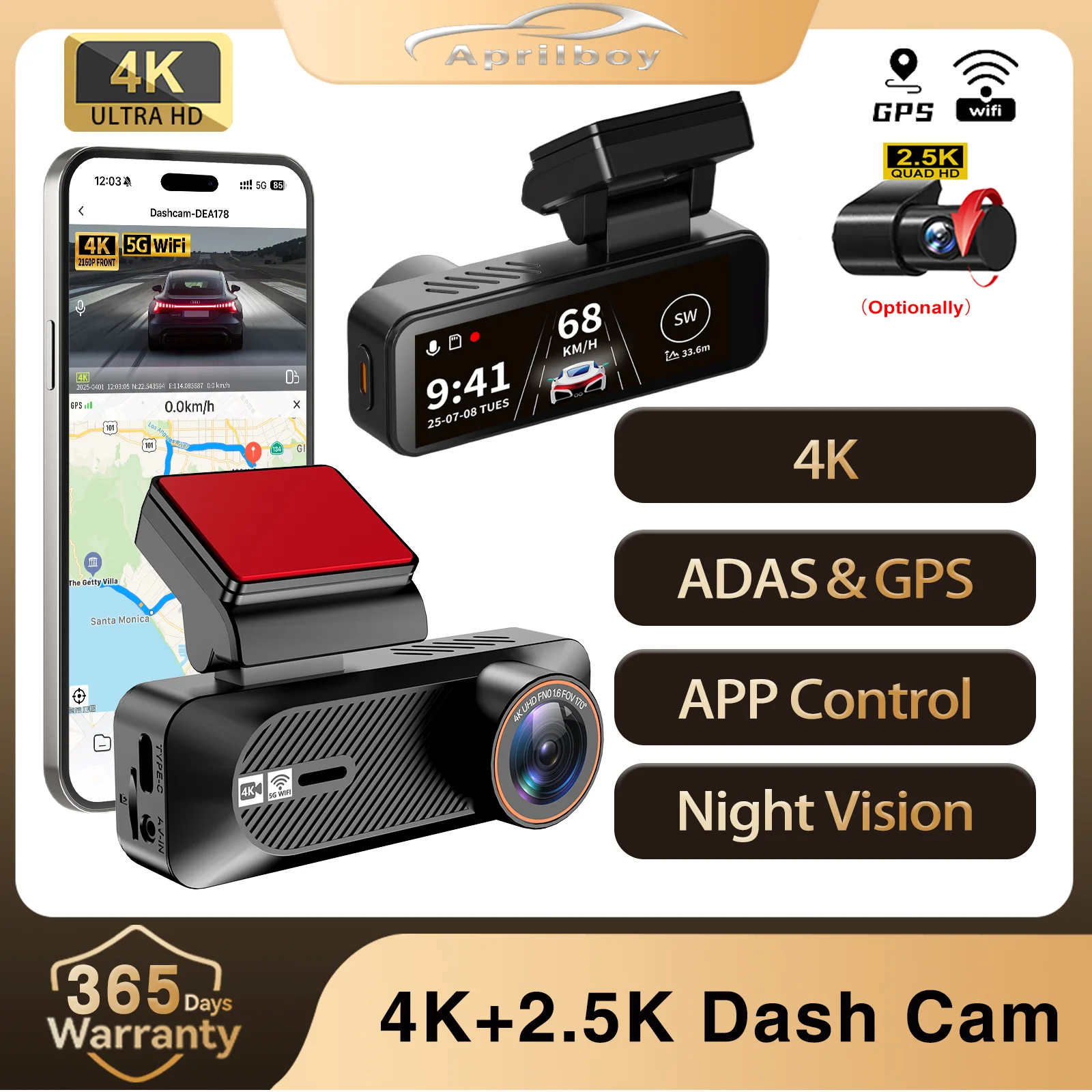 

Видеорегистратор Aprilboy Dual 4K, запись спереди и сзади в 4K, Wi-Fi, GPS, ADAS, четкое ночное видение