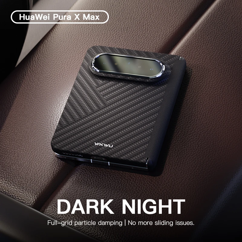 WKWU Dark Night for Huawei Pura X Max, Aramid Fiber Case, Magnetic, Slim Fit, Chrome Camera Ring, Black Grey Woven Cover