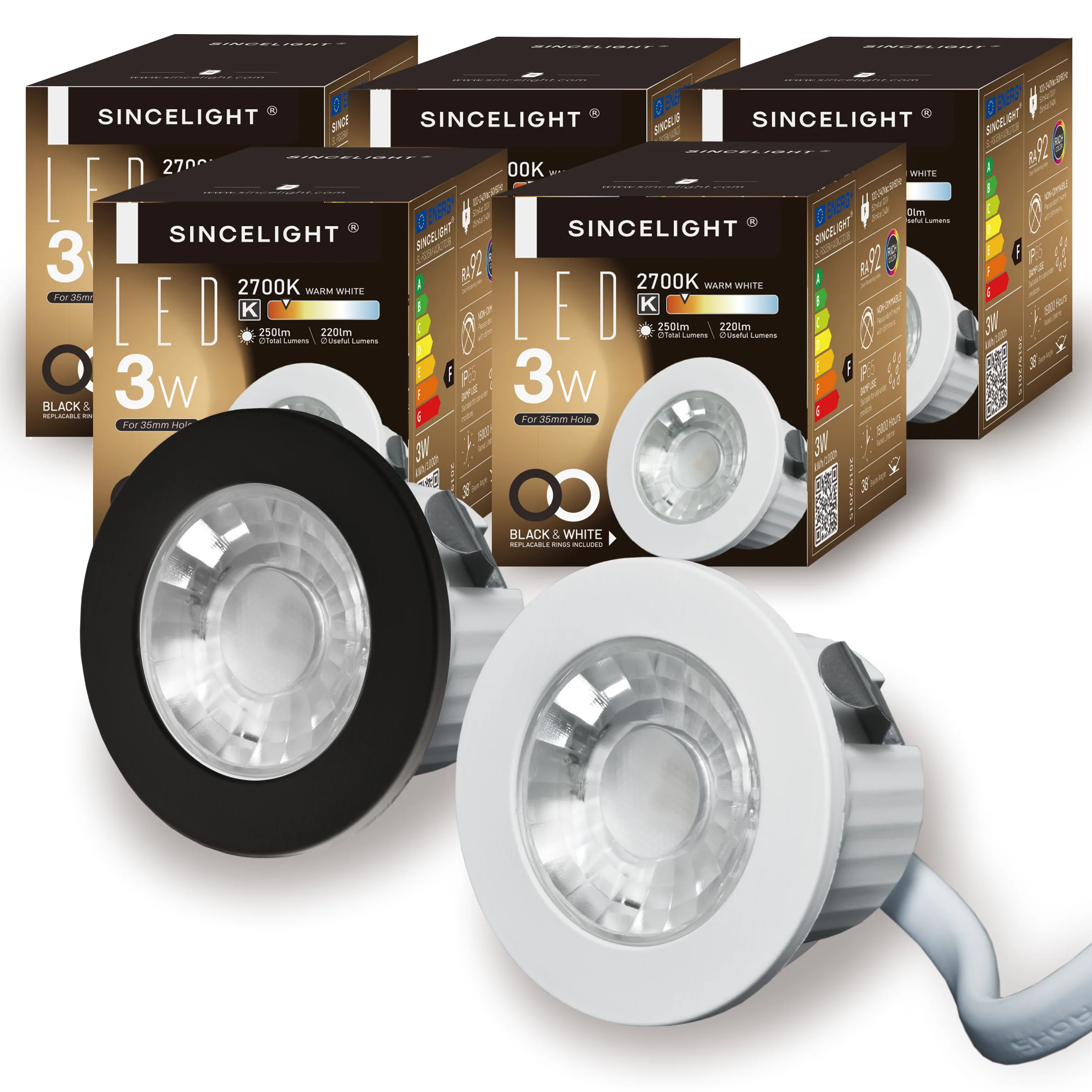 Opakowanie 5 sztuk, MINI lampy punktowe wpuszczane LED IP65, 3W, 2700K/4000K, 100-240V, RA≈ 92, ø 44mm, przytrzymaj cięcie 35mm, lampa LED typu