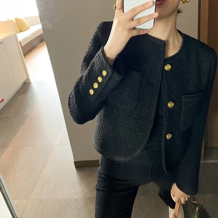 2024 Autumn New Black Tweed Coat Women Korean Elegant O-neck Slim Fit Tops  Y2k Grunge Long Sleeve Jackets Mujer