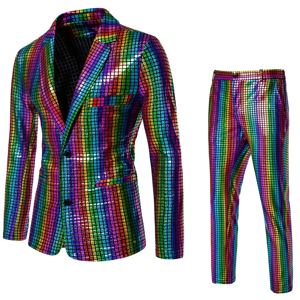 

Men's iny Gold Embroidered Suit Disco Cos Par Stage Bar Fla Cool Performance Suit Set Special Wide Fit Thiened Autumn