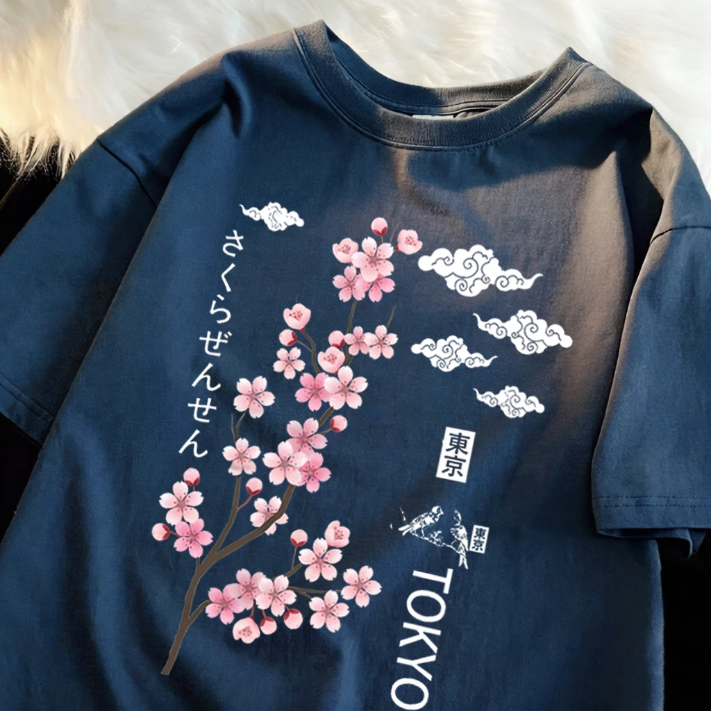 Camiseta con estampado de flores de cerezo de Tokio para hombre, ropa informal de verano, ropa suave Unisex, ropa holgada de algodón de color para hombre, manga corta