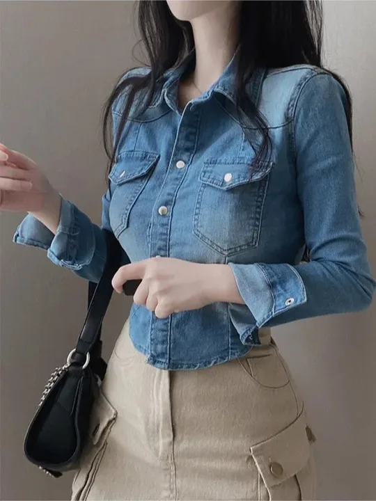 

Chic ort Waist-Cinching Denim Jaet for Women Sli Korean Sle Cact Size Versatile Faionable Top for Autumn