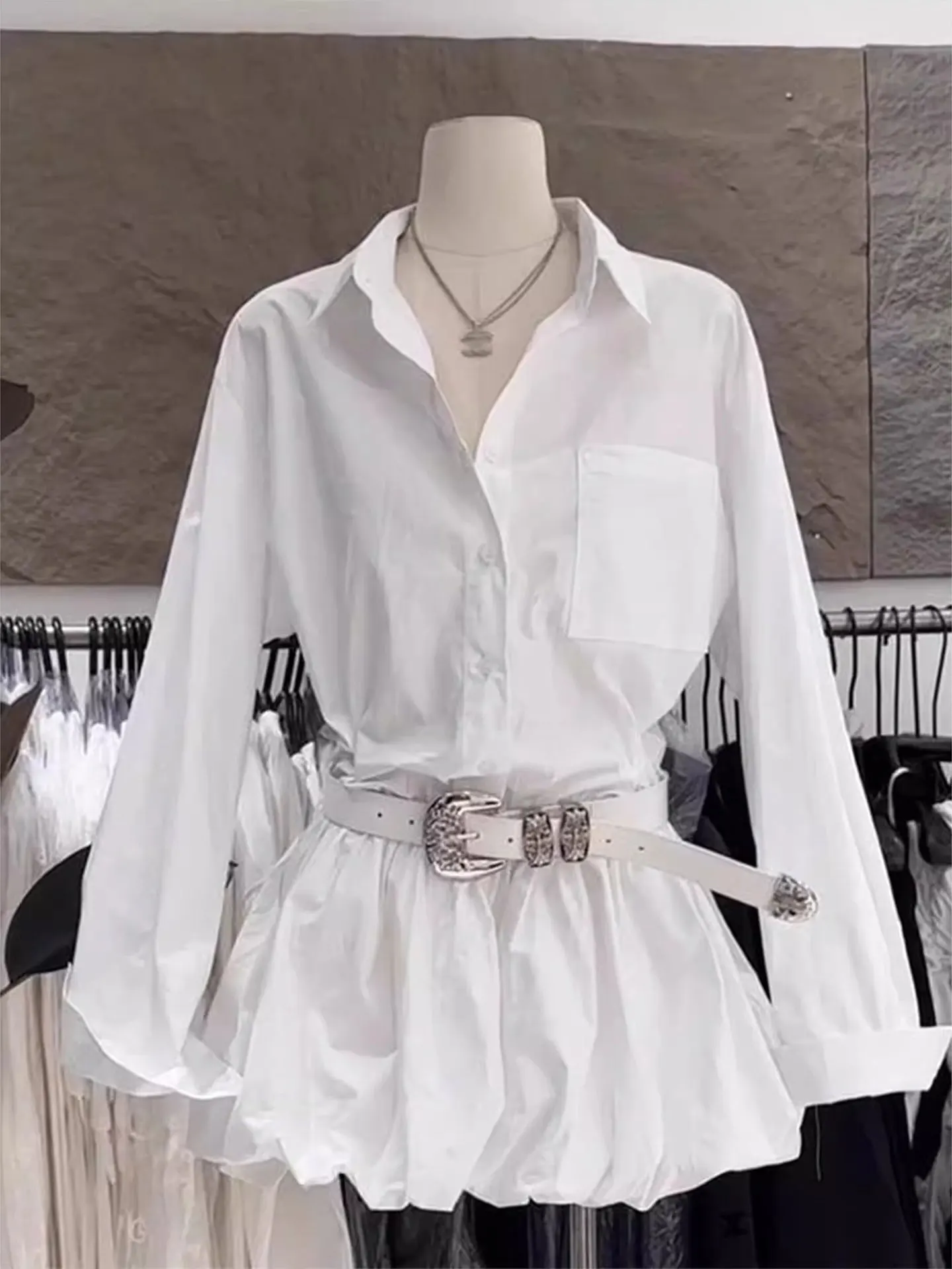 Elegant plus Size White Shirt Dress Women's Early Autumn New Style Waist Cinched Long Sleeve Flower Bud Short Skirt Dress