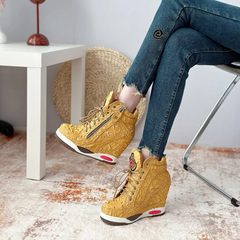 

Ultra-high Slope Heel High-top Rivets Women's Boots Inner Height Increase Thick-soled Denim Casual Short Boots Botas Feminina