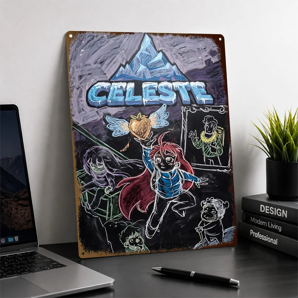 Celeste Character Ensemble Aluminum Poster Personalized Metal Sign Dark Realm Style Wall Art For Game Room And Creative Studio