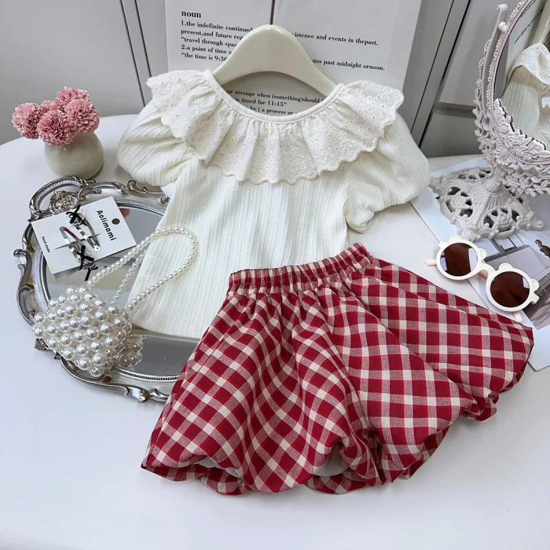 

Children's Outfit New Summer Fashionable Girl Baby Stylish Ruffle Short Sleeve Top Versatile Plaid Shorts Two-Piece Set