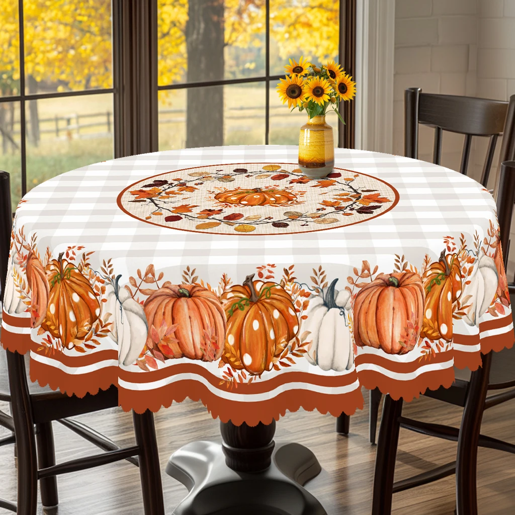 1 Piece of Autumn Thanksgiving and Autumn Harvest Festival Themed Printed Tablecloth, Vintage Country Farmhouse Style, Pumpkin and Maple Leaf Pattern Design, Suitable for Holiday Gatherings, Camping Picnics, Garden Bbqs, Birthday Party Decorations, Kitchen Accessories, Tablecloth for Indoor and Outdoor Use in Restaurants and Patios, Perfect Gift for Friends, Round and Rectangular Tablecloths, Available in Various Sizes