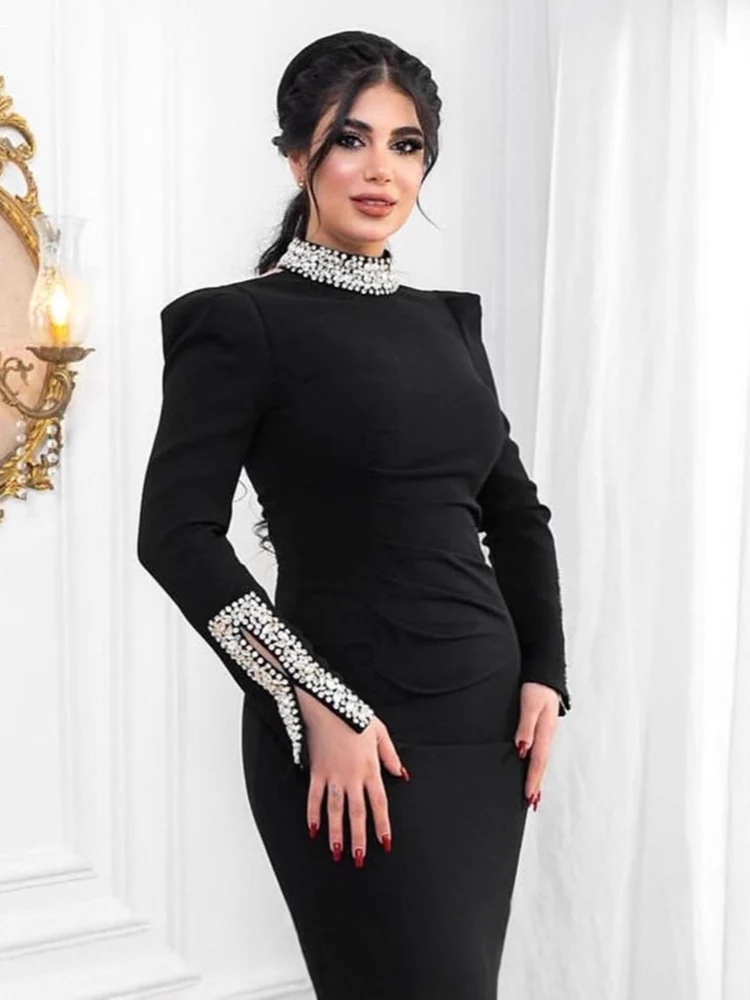 Elegantes, luxuriöses Pailletten-Abendkleid für Damen, Rundhalsausschnitt, hohe Taille, geteilt, lange Ärmel, schmales Abendessen, Abschlussball, Partykleid, Maxikleider