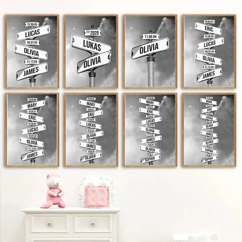 Wall Art Intersection Street Sign 1-8 Names Anniversary Canvas Painting Personalized Father's Day Gift Family Street Home Dec