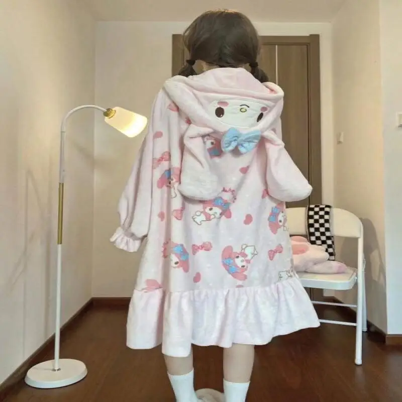 

Пижамы и халаты Sanrio My Melody из кораллового вельвета, зимние утепленные фланелевые халаты средней длины с капюшоном, комплект для сна, домашняя одежда