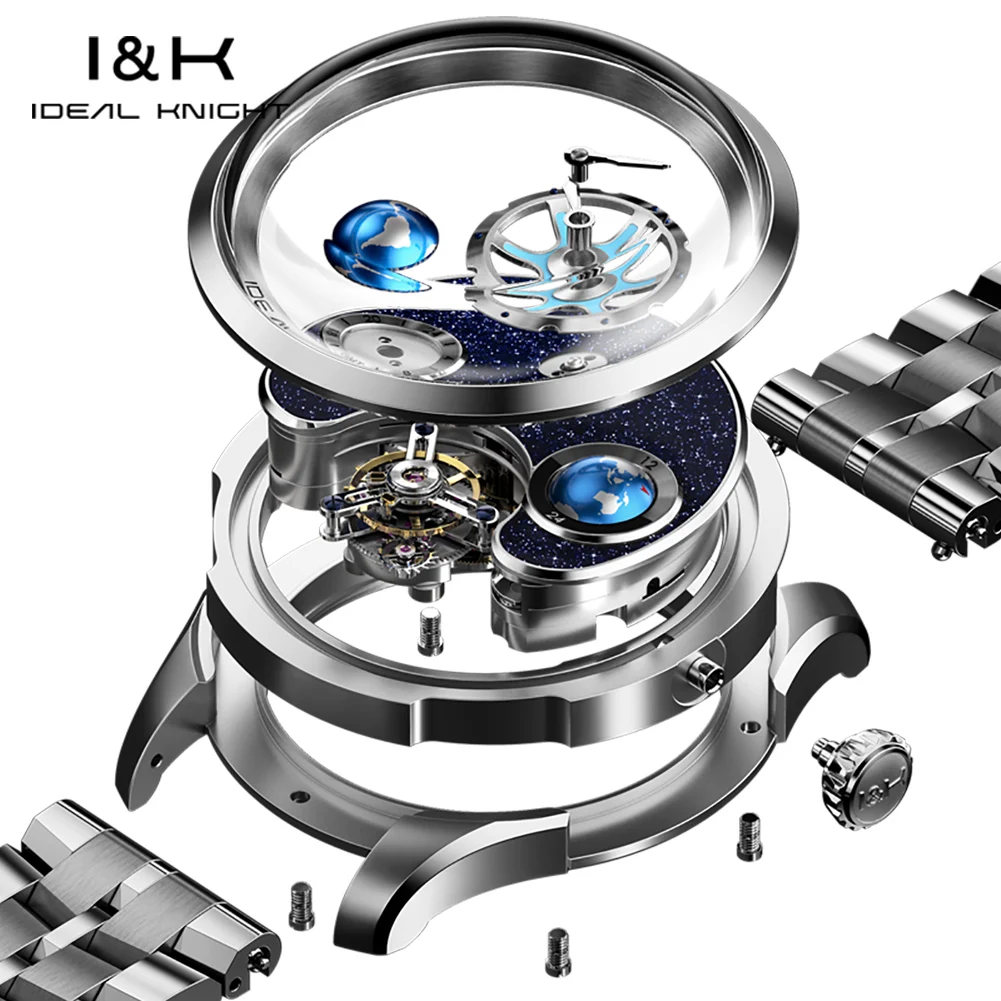 Ideal Knight 6805 Tourbillon Watch for Men 3D Rotating Blue Earth Design 12 Hours Tray Skeleton Waterproof Men\'s Wristwatches